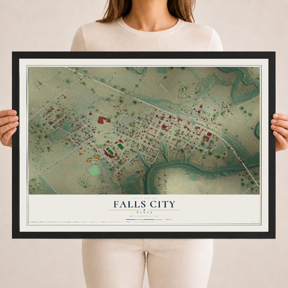 Map of Falls City, Texas, 18 x 24 inch print in a black wood frame