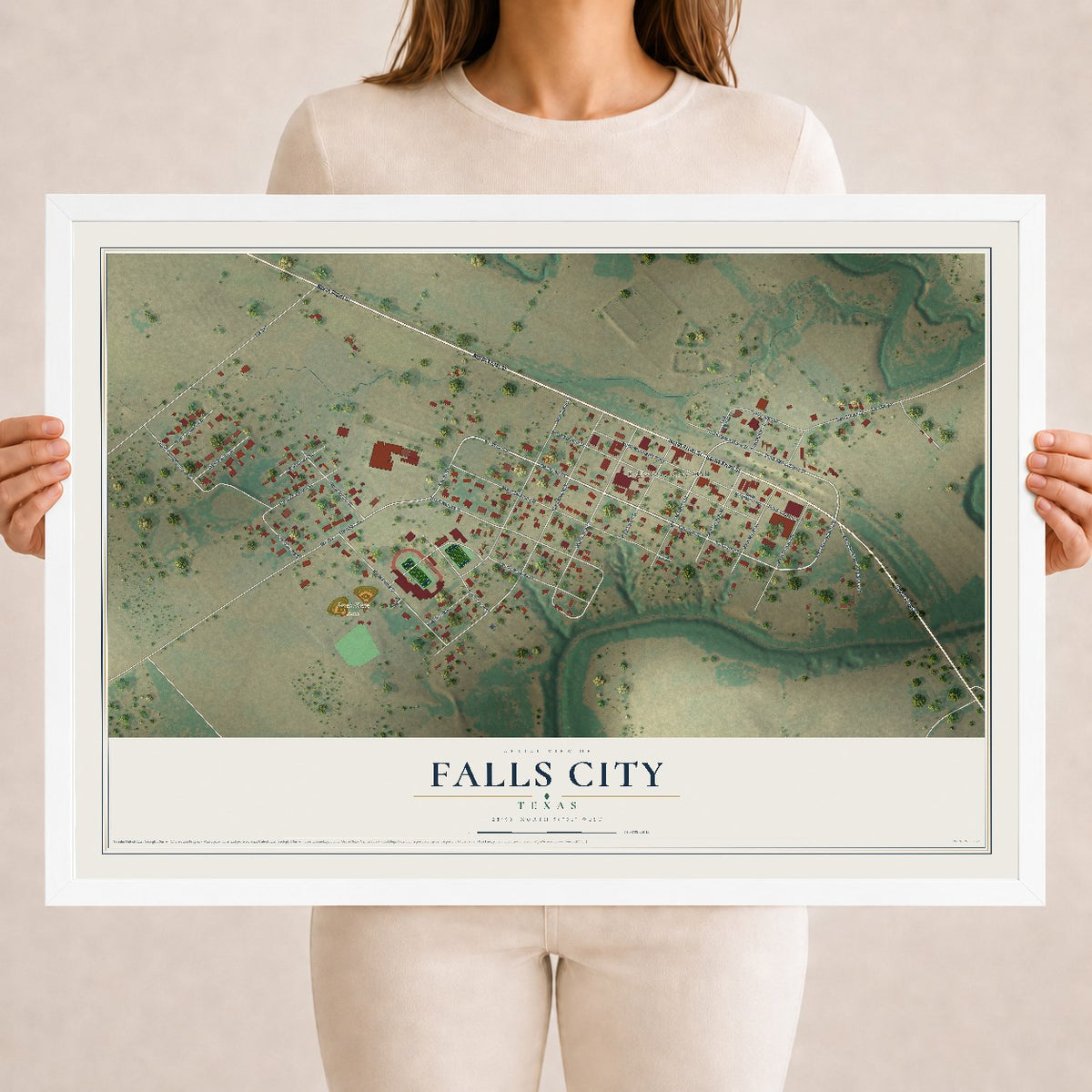 Map of Falls City, Texas, 18 x 24 inch print in a white wood frame