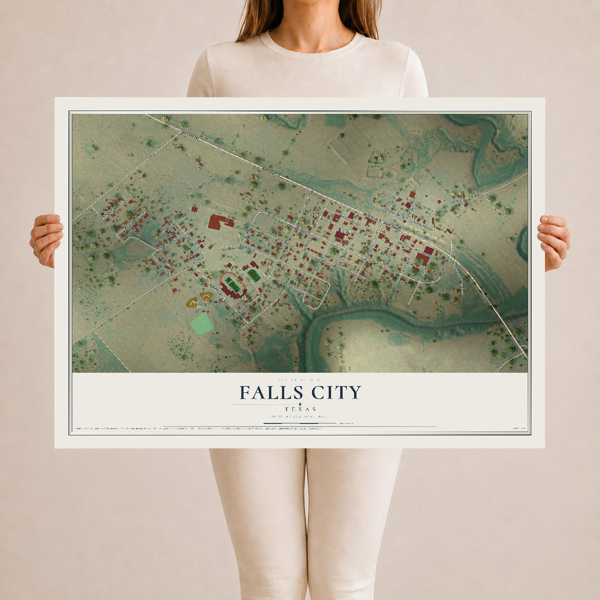 Map of Falls City, Texas, 24 x 36 inch unframed archival matte print