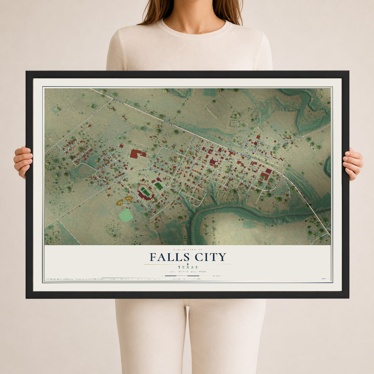 Map of Falls City, Texas, 24 x 36 inch print in a black wood frame