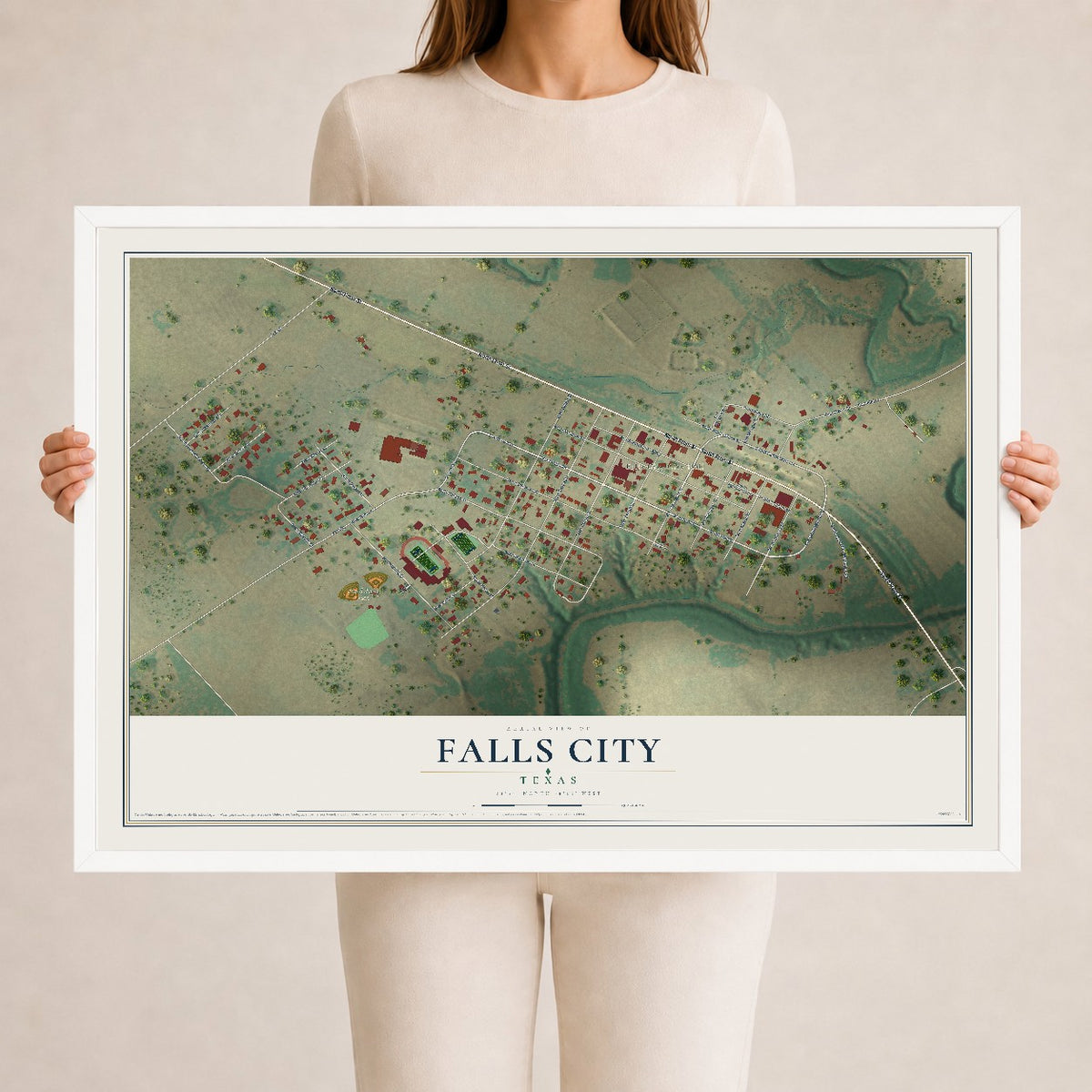 Map of Falls City, Texas, 24 x 36 inch print in a white wood frame