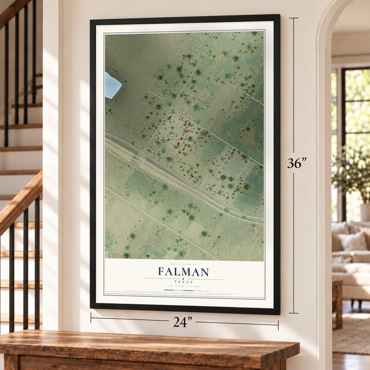 Falman, Texas map, 24 x 36 inch print in a black frame by a staircase