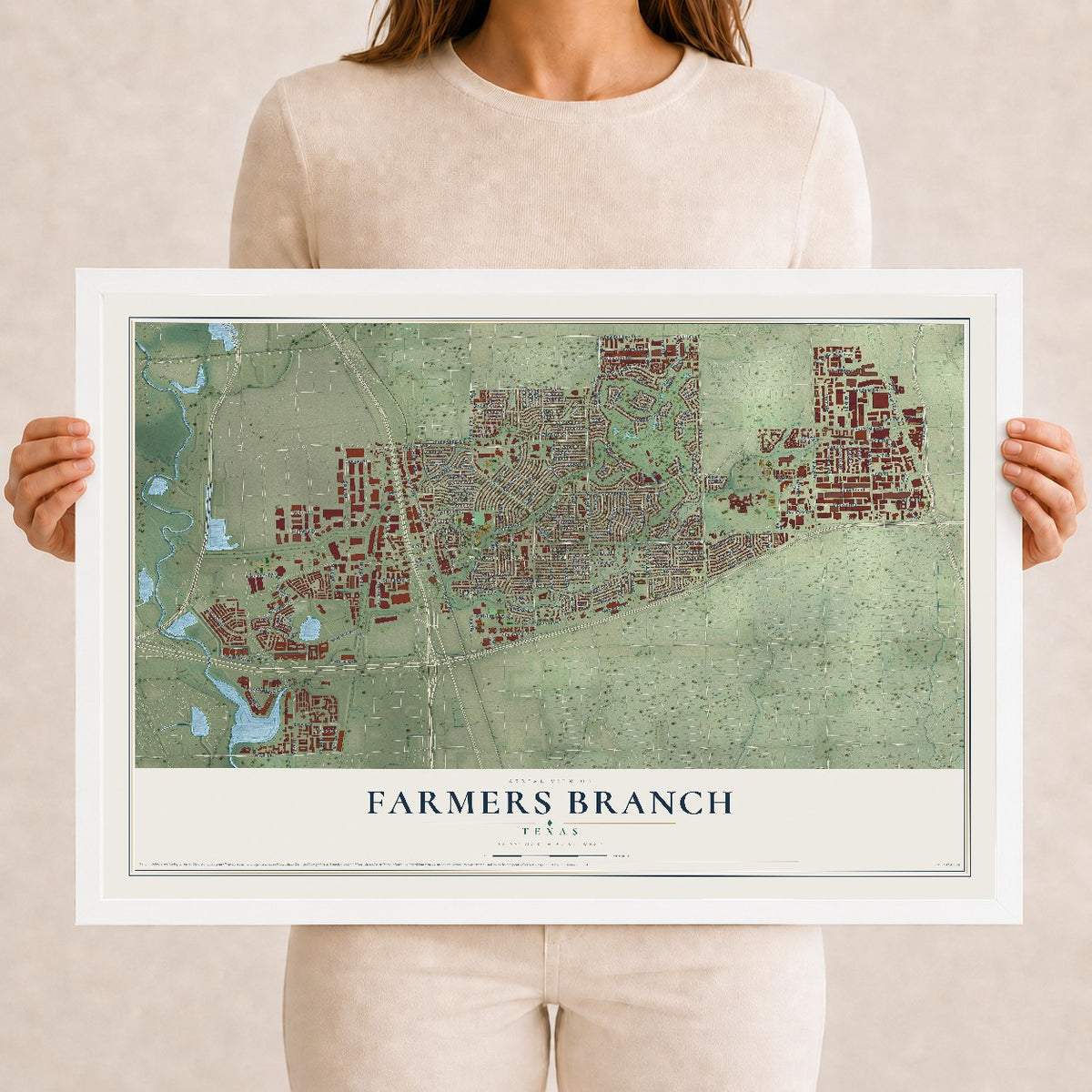 Map of Farmers Branch, Texas, 12 x 18 inch print in a white wood frame