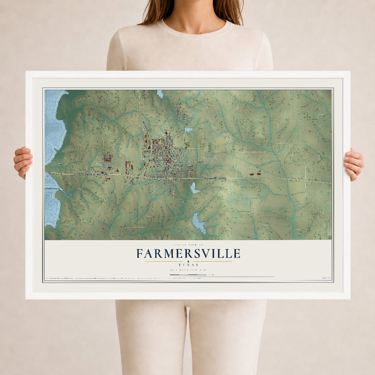Map of Farmersville, Texas, 24 x 36 inch print in a white wood frame
