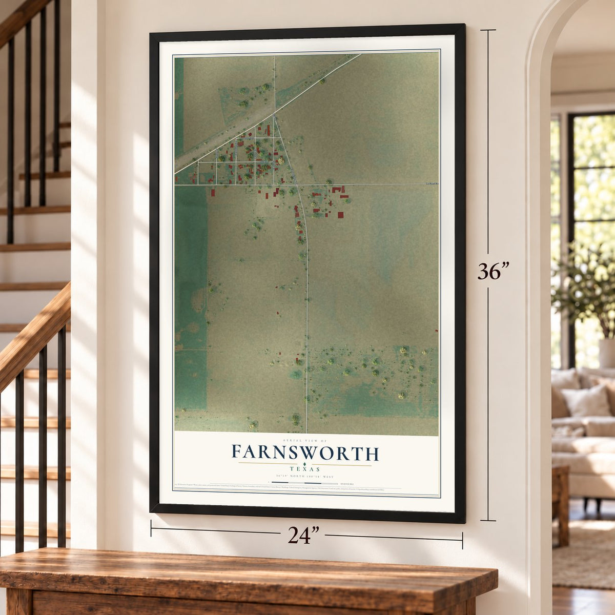 Farnsworth, Texas map, 24 x 36 inch print in a black frame by a staircase