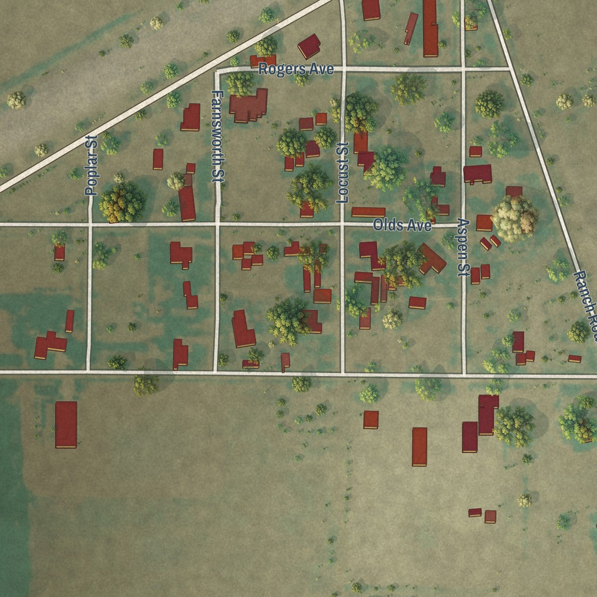 Close-up of the map of Farnsworth, Texas print showing street and building detail