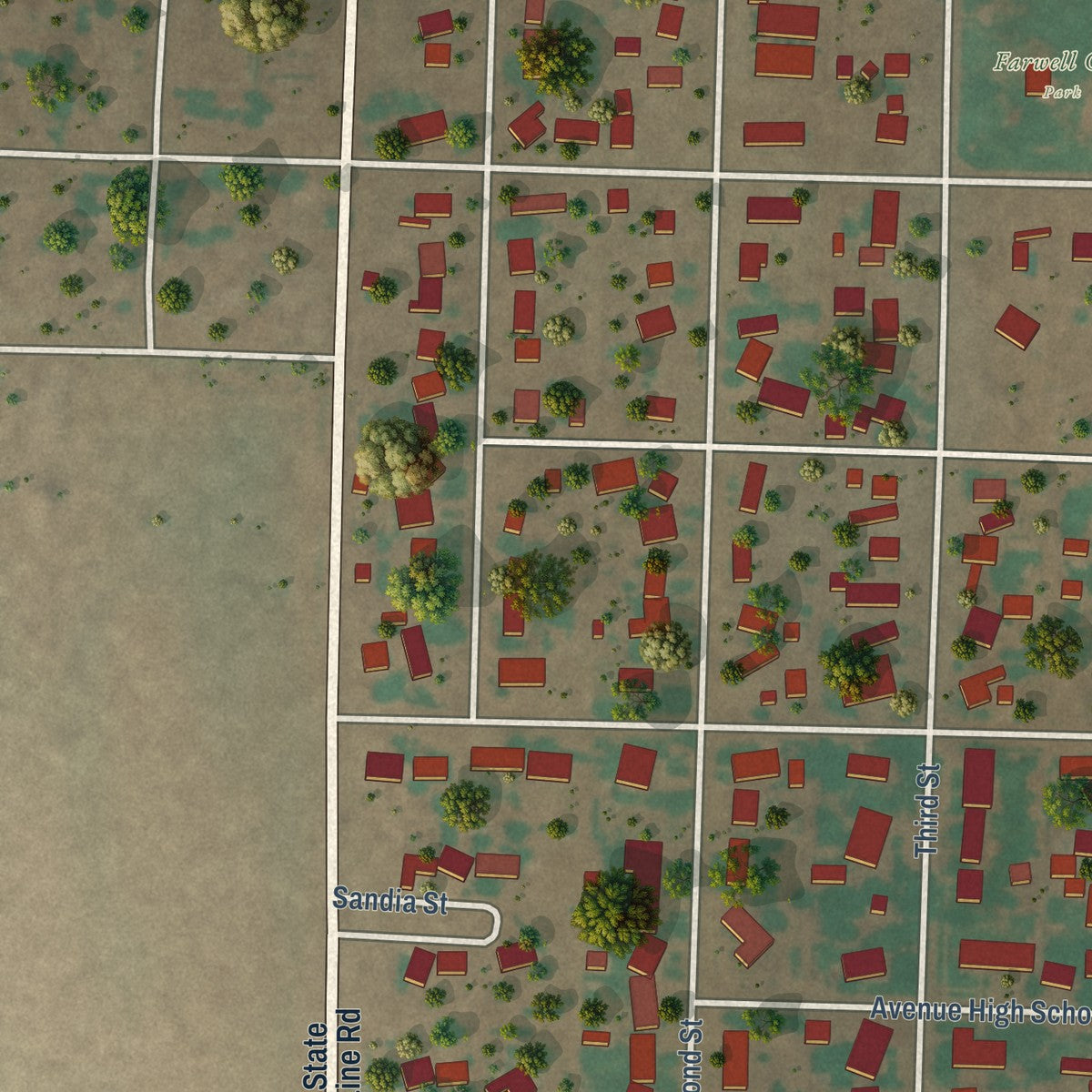 Second close-up of the map of Farwell, Texas print showing more streets and buildings