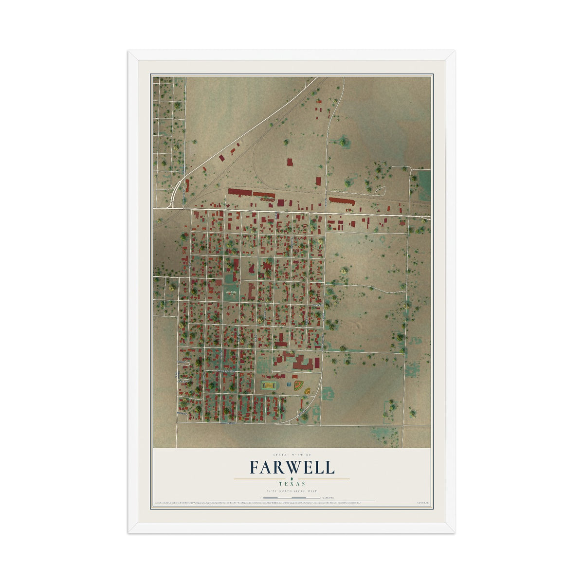 Map of Farwell, Texas, 12 x 18 inch print in a white wood frame