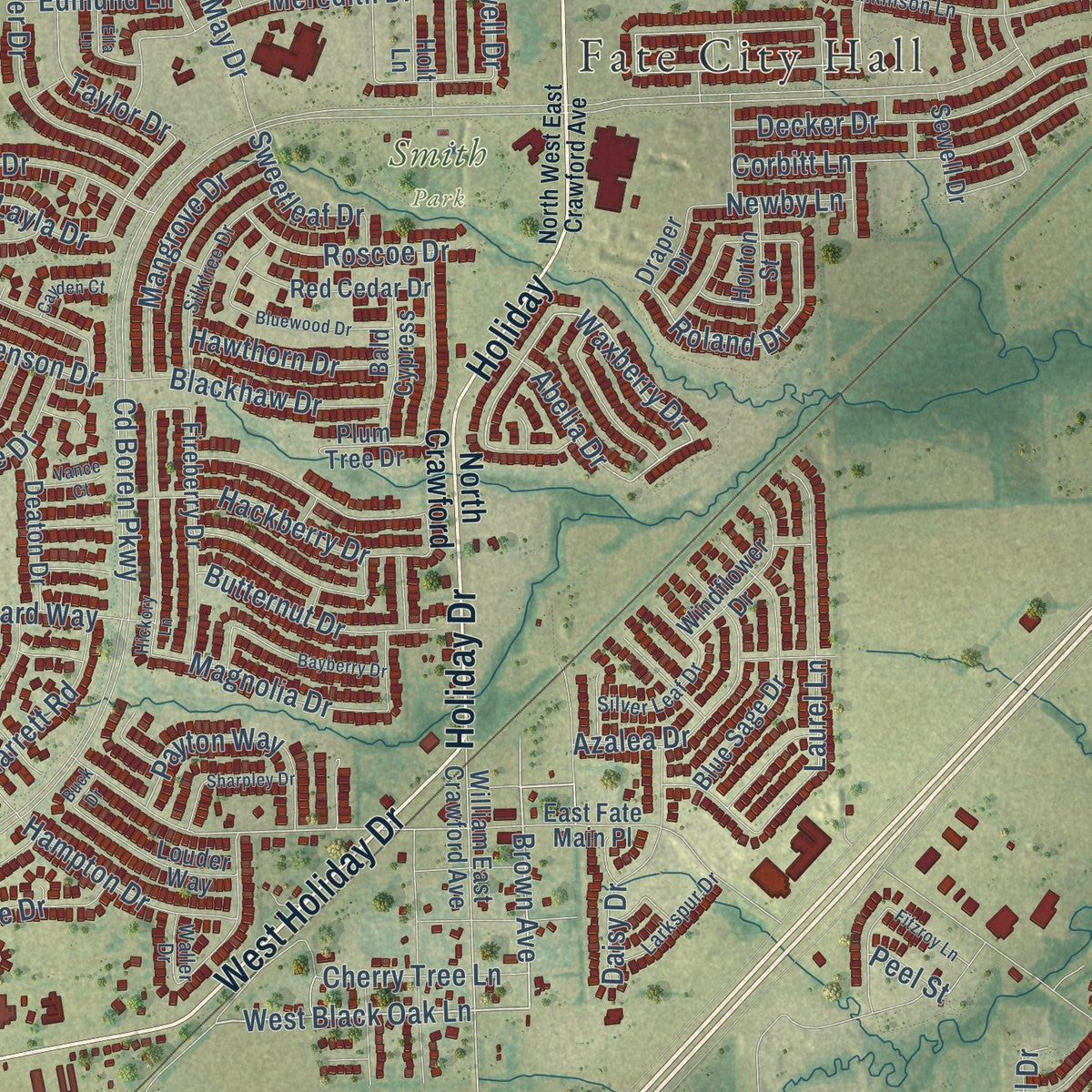 Close-up of the map of Fate, Texas print showing street and building detail
