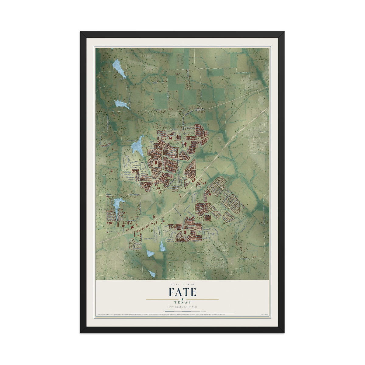 Map of Fate, Texas, 12 x 18 inch print in a black wood frame