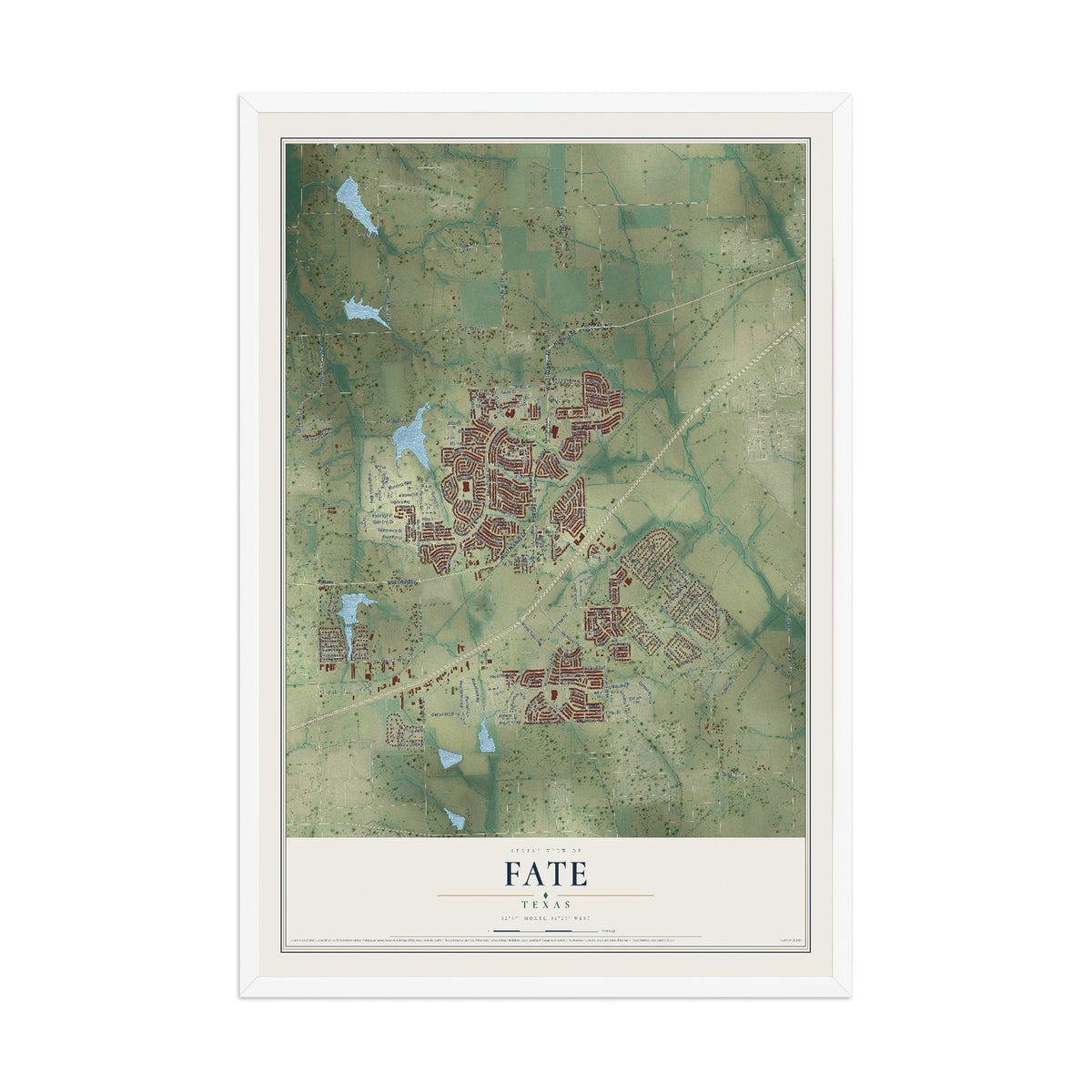 Map of Fate, Texas, 12 x 18 inch print in a white wood frame
