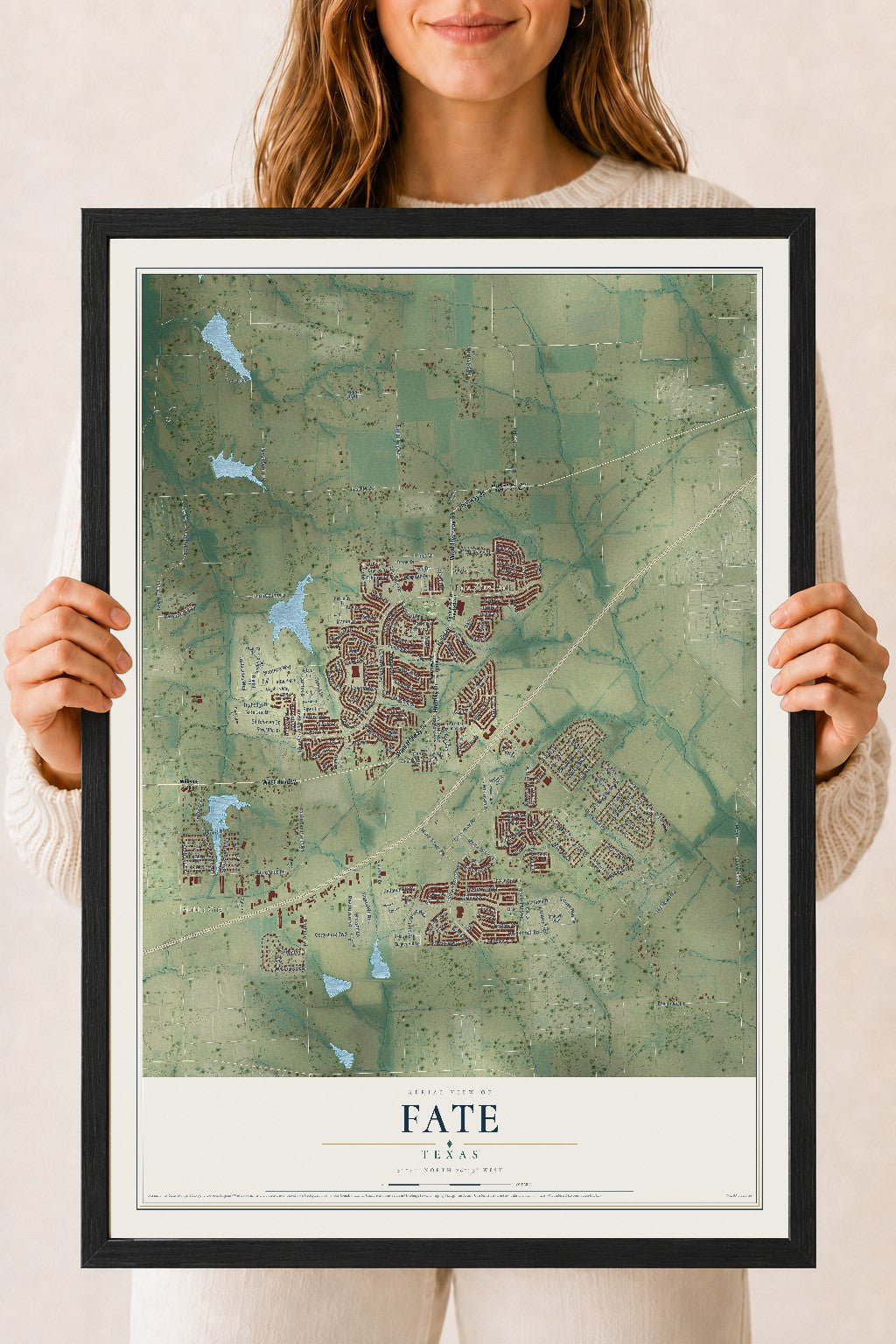 Map of Fate, Texas, 18 x 24 inch print in a black wood frame