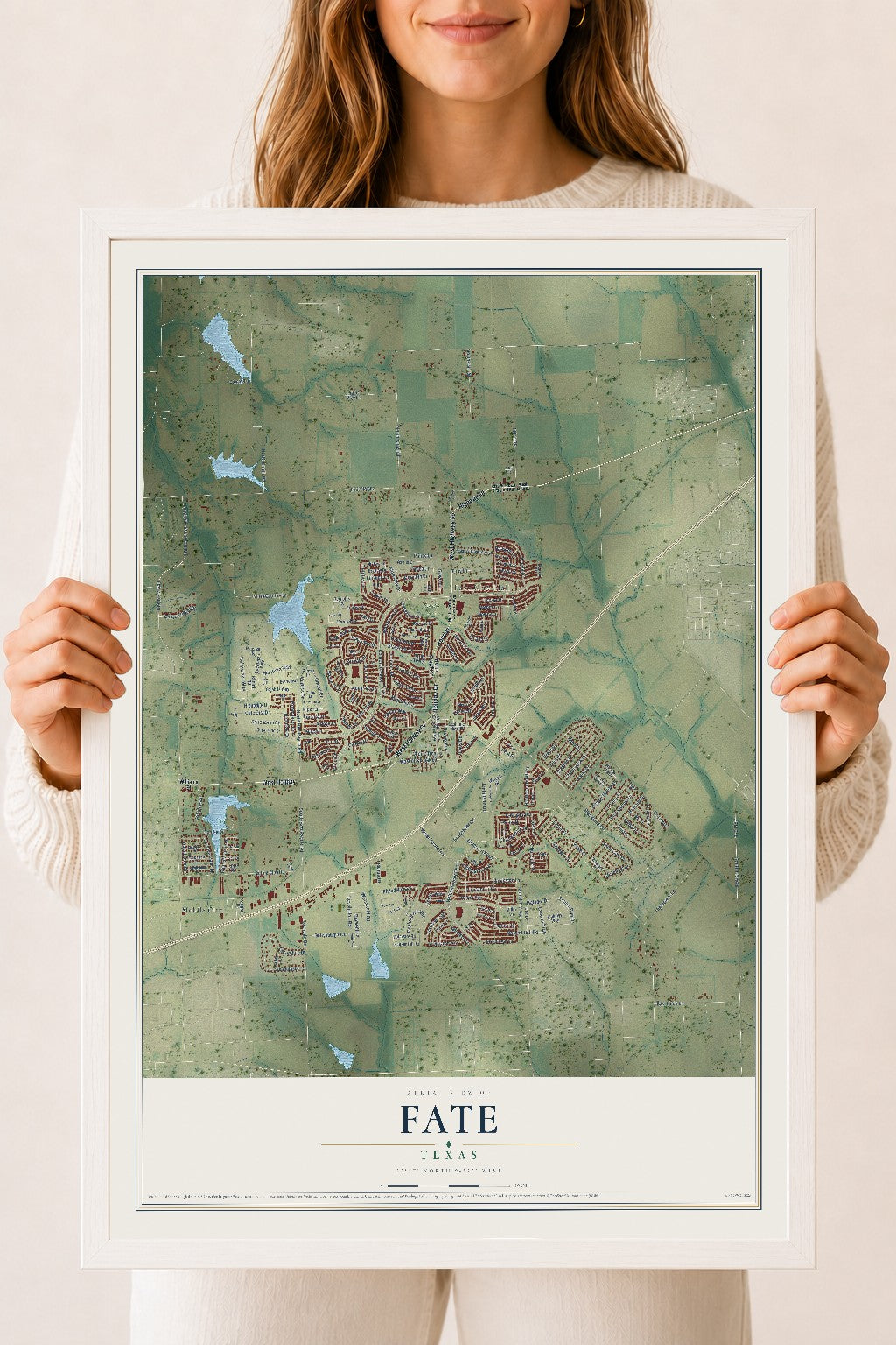 Map of Fate, Texas, 18 x 24 inch print in a white wood frame