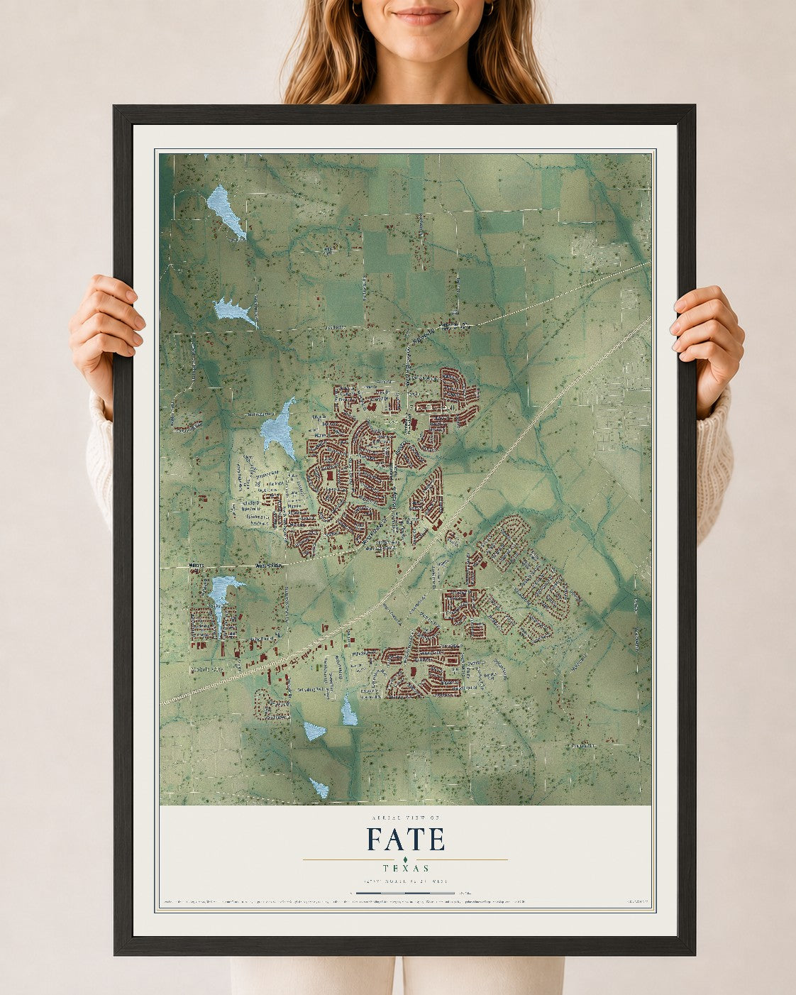 Map of Fate, Texas, 24 x 36 inch print in a black wood frame