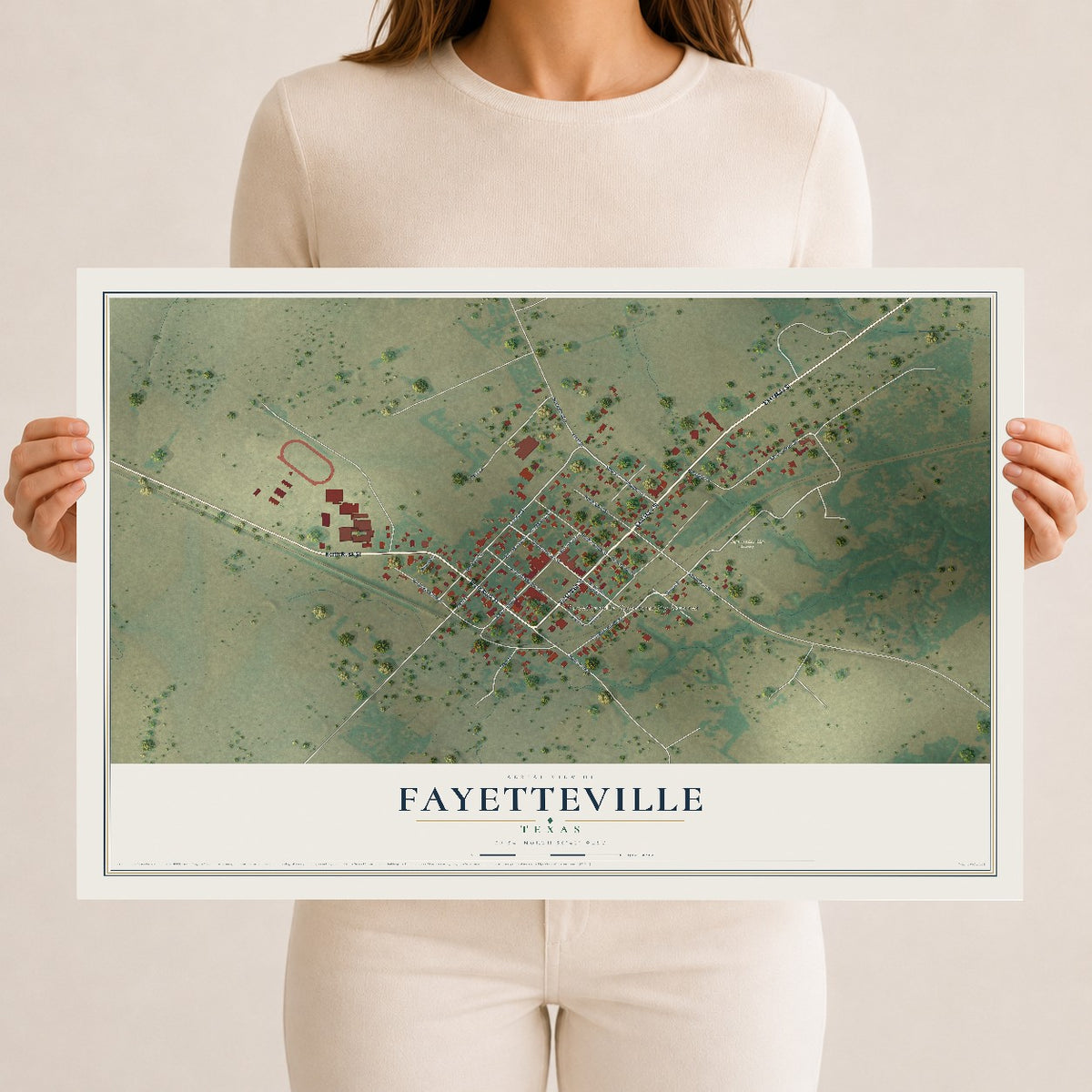 Map of Fayetteville, Texas, 12 x 18 inch unframed archival matte print