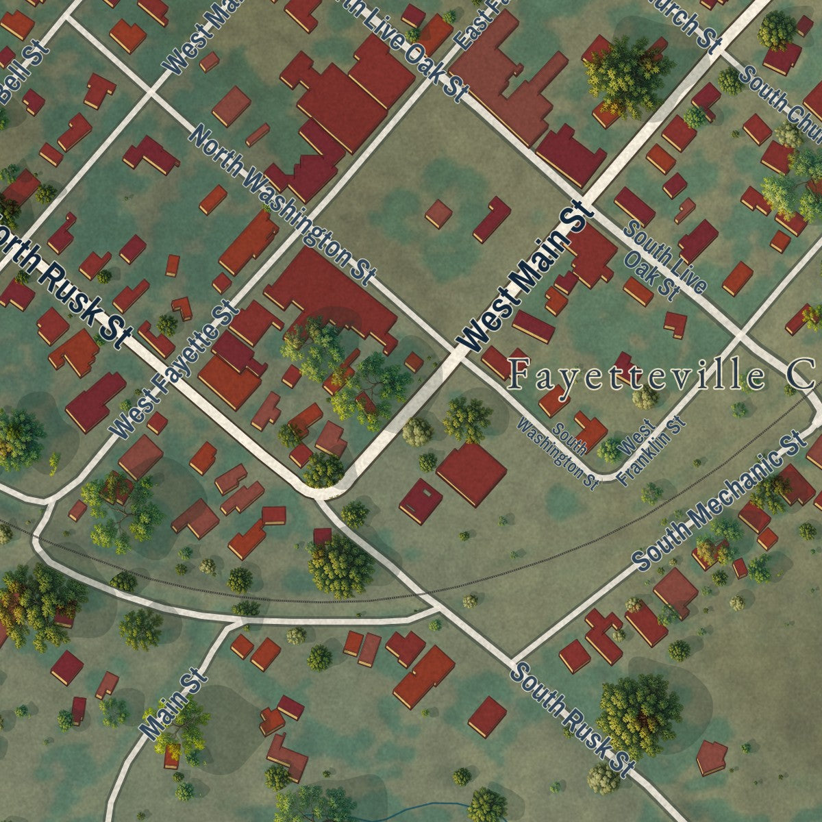 Close-up of the map of Fayetteville, Texas print showing street and building detail