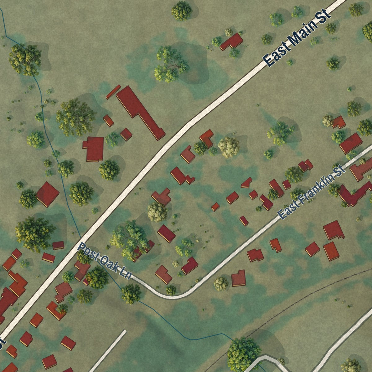Second close-up of the map of Fayetteville, Texas print showing more streets and buildings