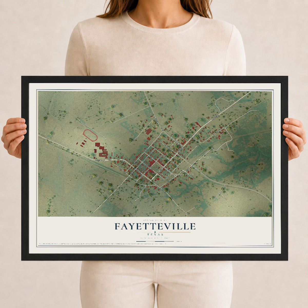 Map of Fayetteville, Texas, 12 x 18 inch print in a black wood frame