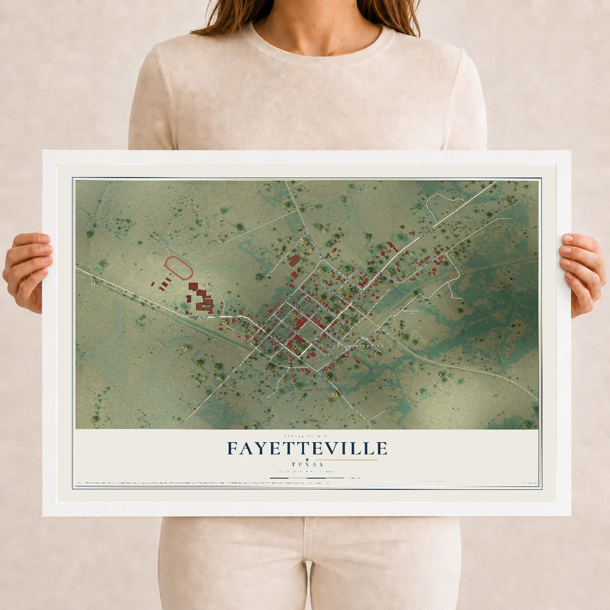 Map of Fayetteville, Texas, 12 x 18 inch print in a white wood frame