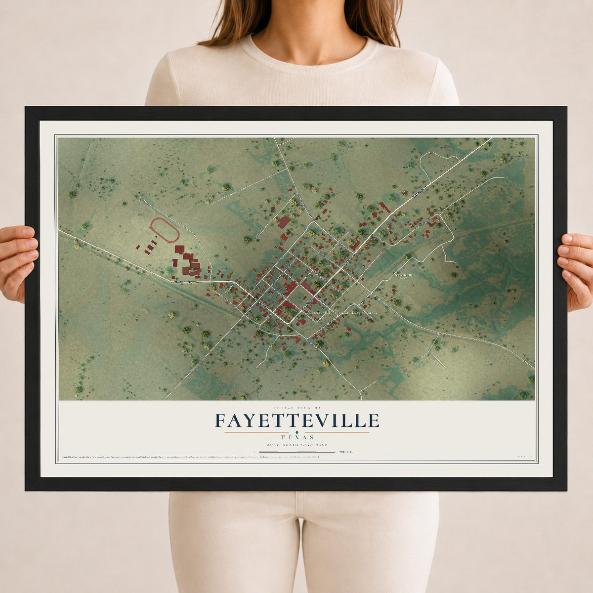 Map of Fayetteville, Texas, 18 x 24 inch print in a black wood frame