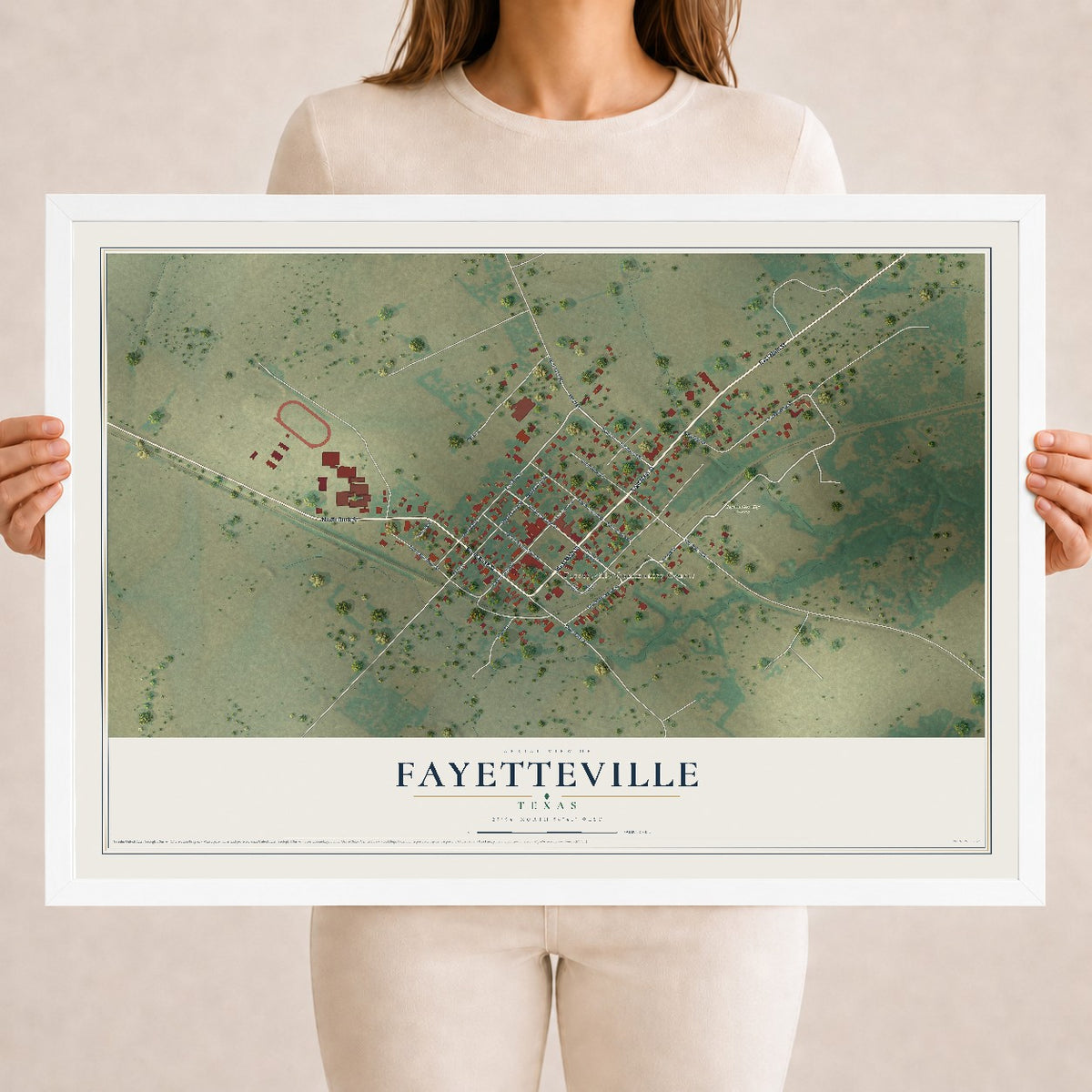 Map of Fayetteville, Texas, 18 x 24 inch print in a white wood frame