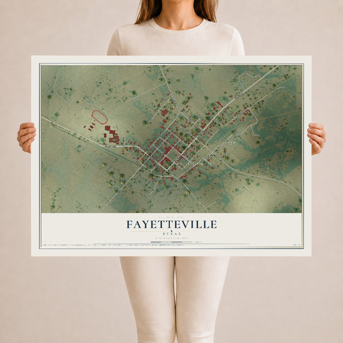 Map of Fayetteville, Texas, 24 x 36 inch unframed archival matte print
