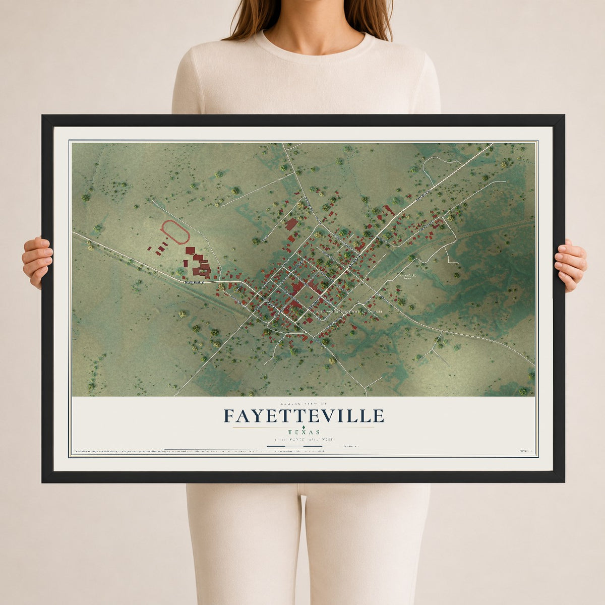 Map of Fayetteville, Texas, 24 x 36 inch print in a black wood frame