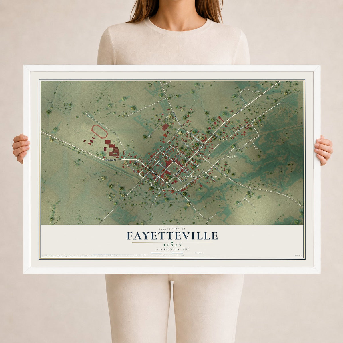 Map of Fayetteville, Texas, 24 x 36 inch print in a white wood frame