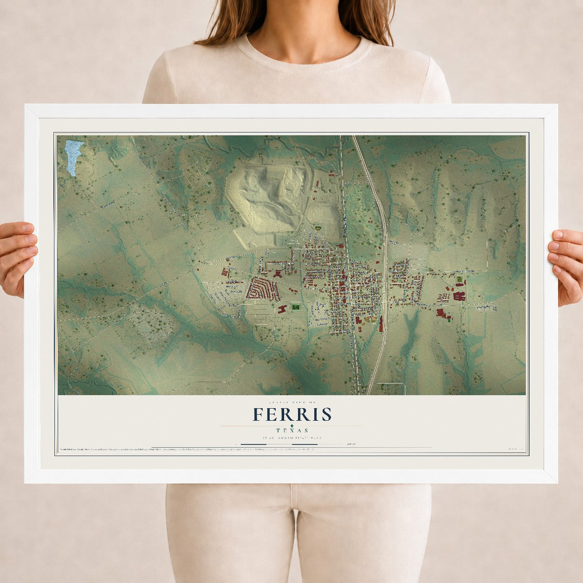 Map of Ferris, Texas, 18 x 24 inch print in a white wood frame