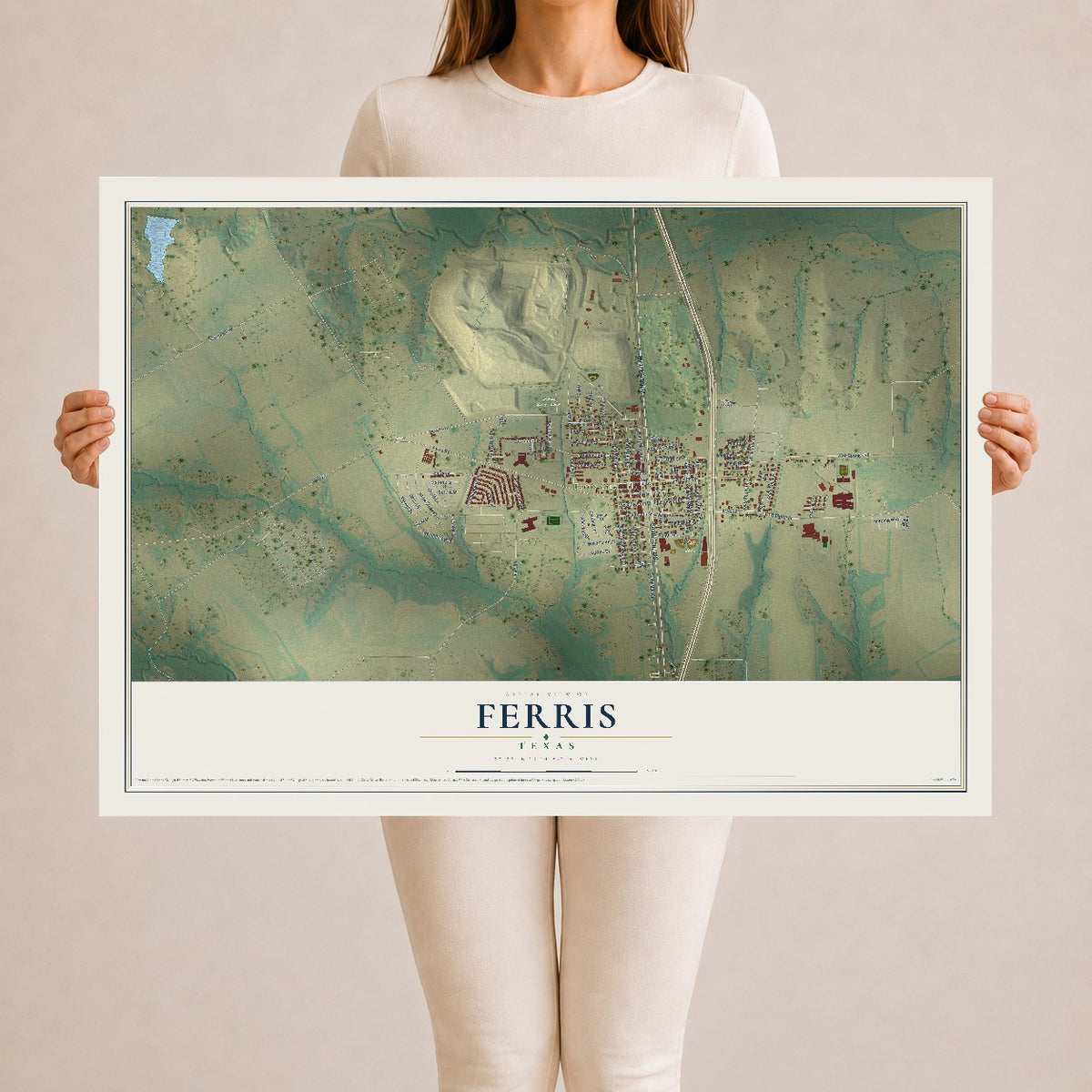 Map of Ferris, Texas, 24 x 36 inch unframed archival matte print
