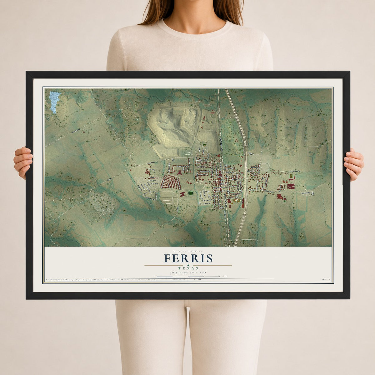 Map of Ferris, Texas, 24 x 36 inch print in a black wood frame