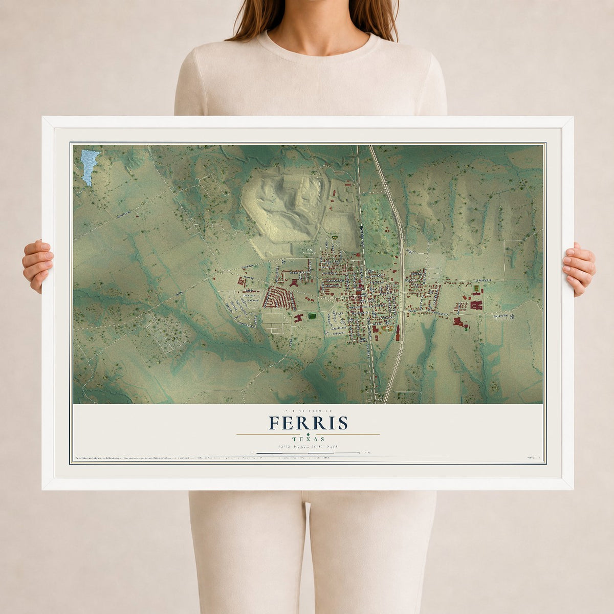 Map of Ferris, Texas, 24 x 36 inch print in a white wood frame