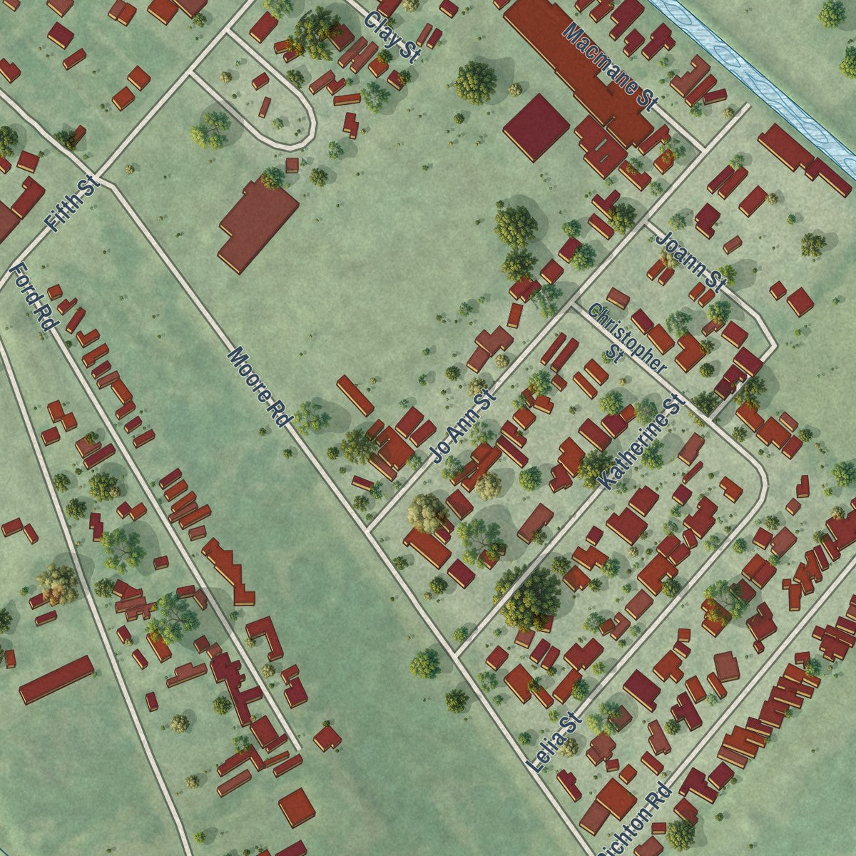 Close-up of the map of Fifth Street, Texas print showing street and building detail