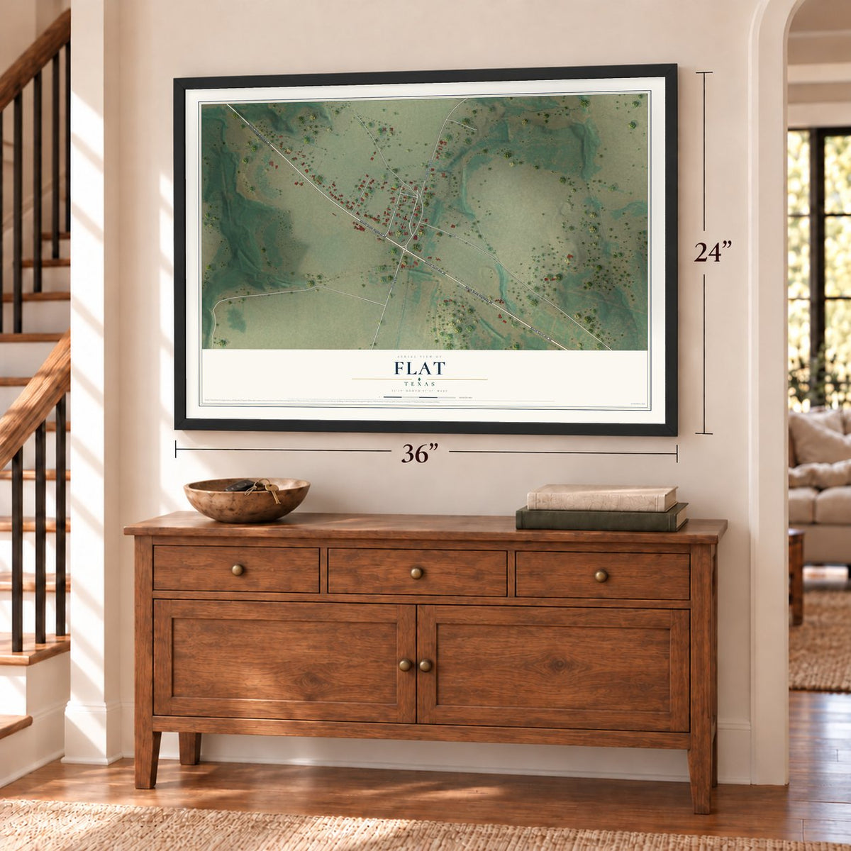 Flat, Texas map, 24 x 36 inch print in a black frame above a dresser by a staircase