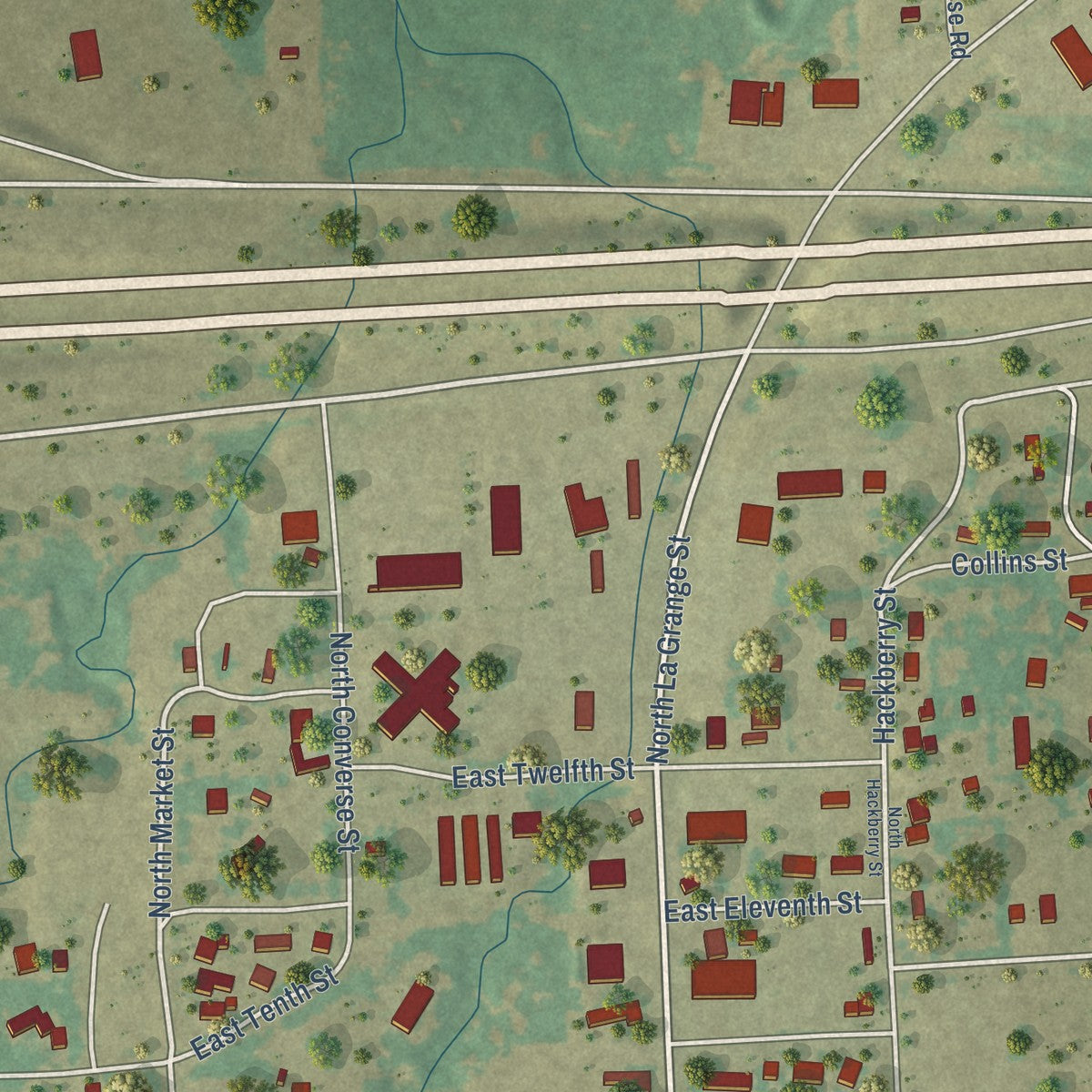 Second close-up of the map of Flatonia, Texas print showing more streets and buildings