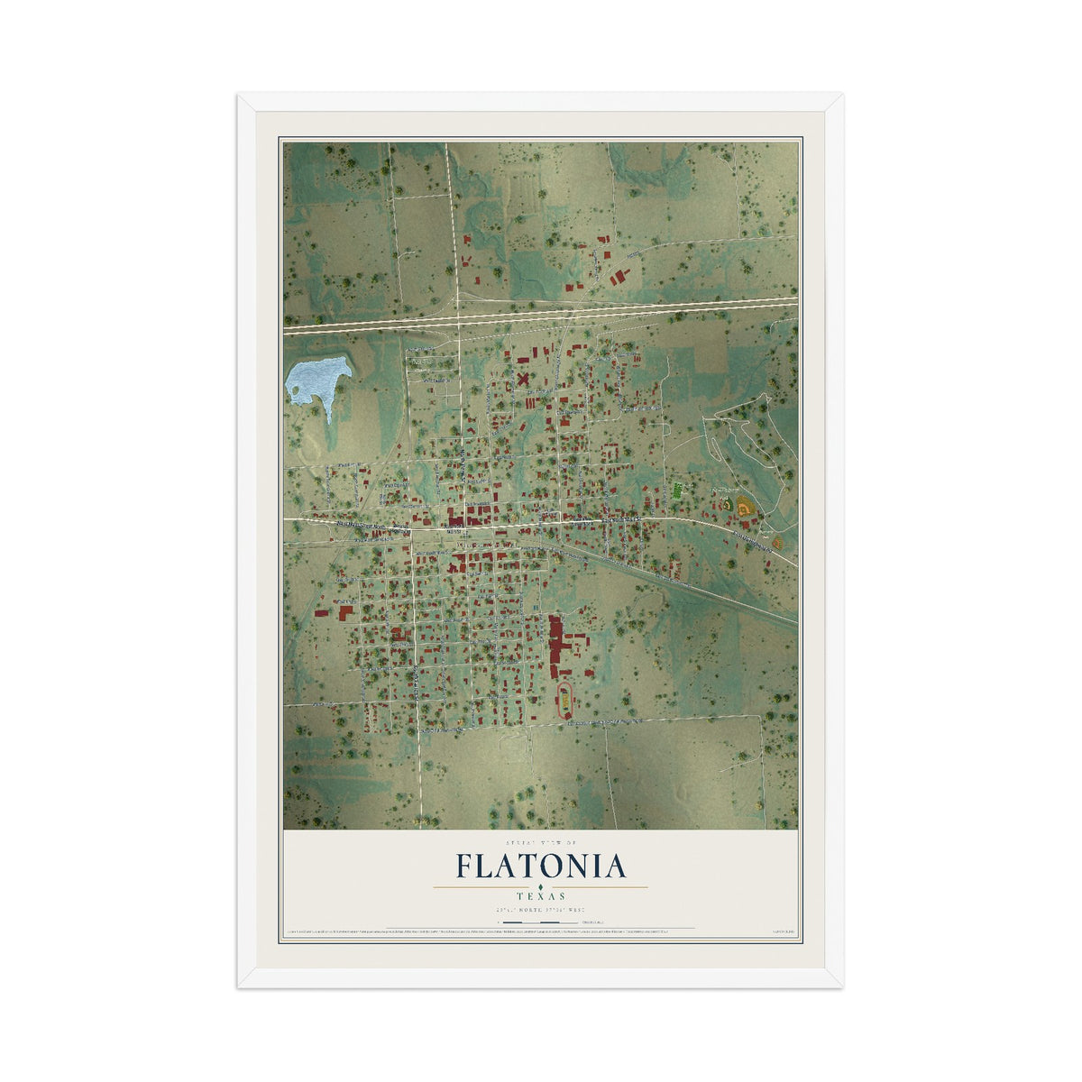 Map of Flatonia, Texas, 12 x 18 inch print in a white wood frame
