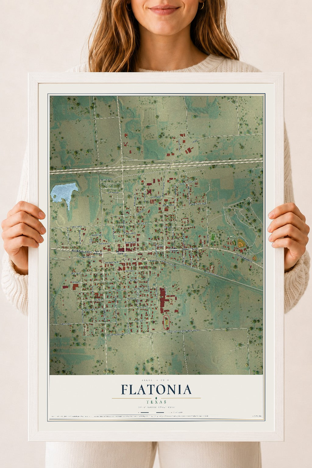 Map of Flatonia, Texas, 18 x 24 inch print in a white wood frame