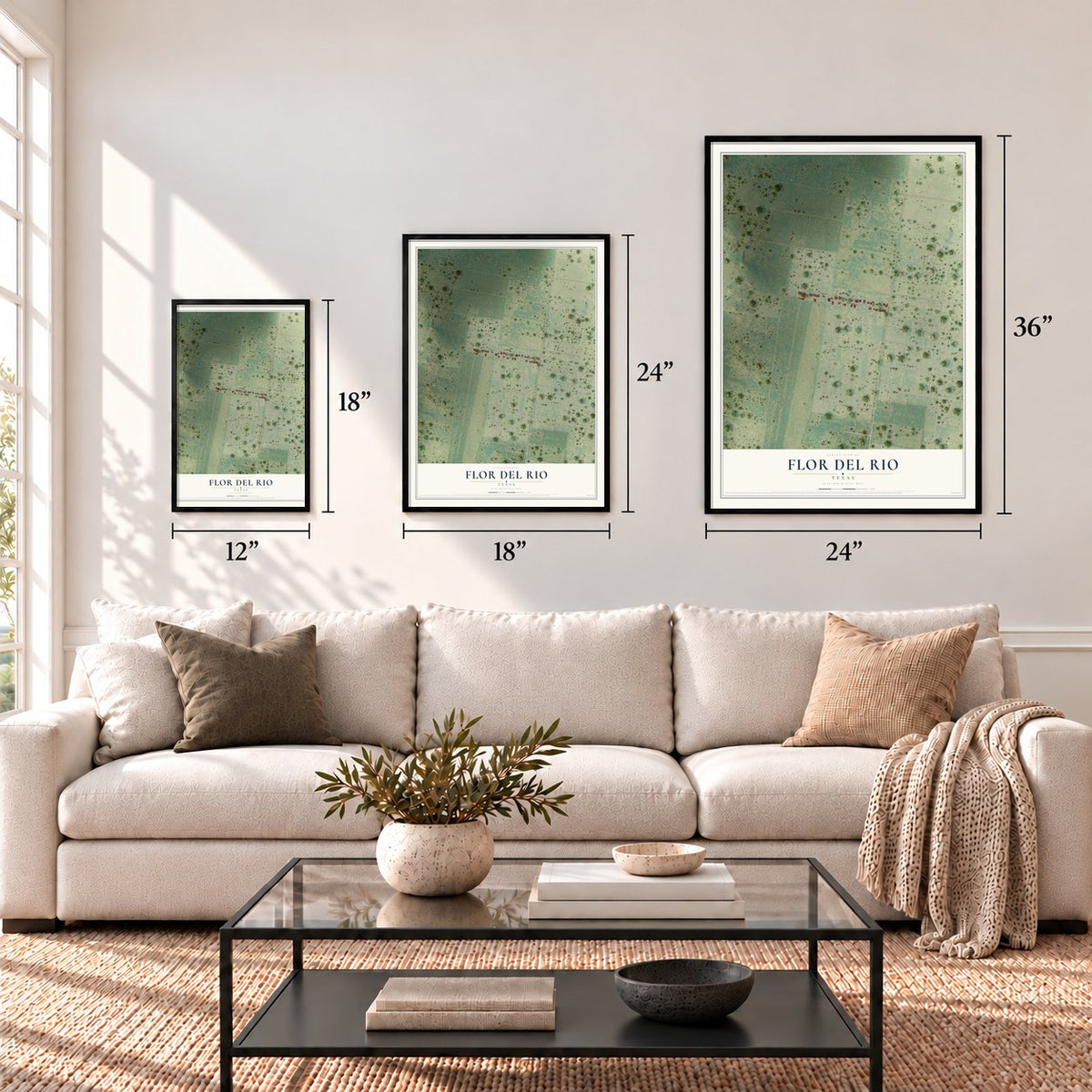 Flor del Rio, Texas map in 12 x 18, 18 x 24 and 24 x 36 inch sizes above a sofa