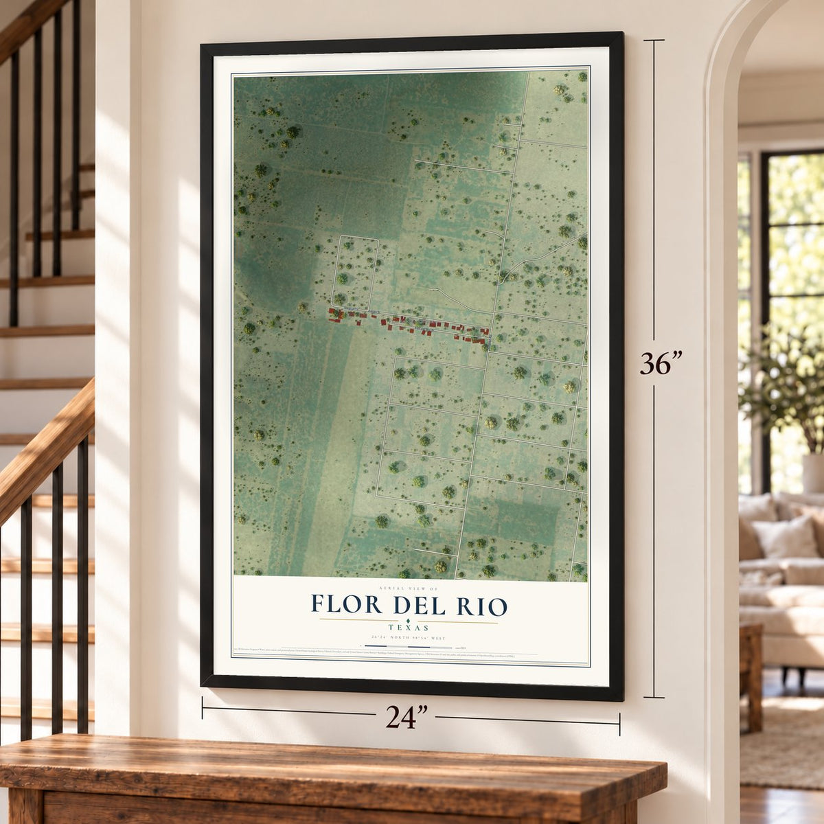 Flor del Rio, Texas map, 24 x 36 inch print in a black frame by a staircase