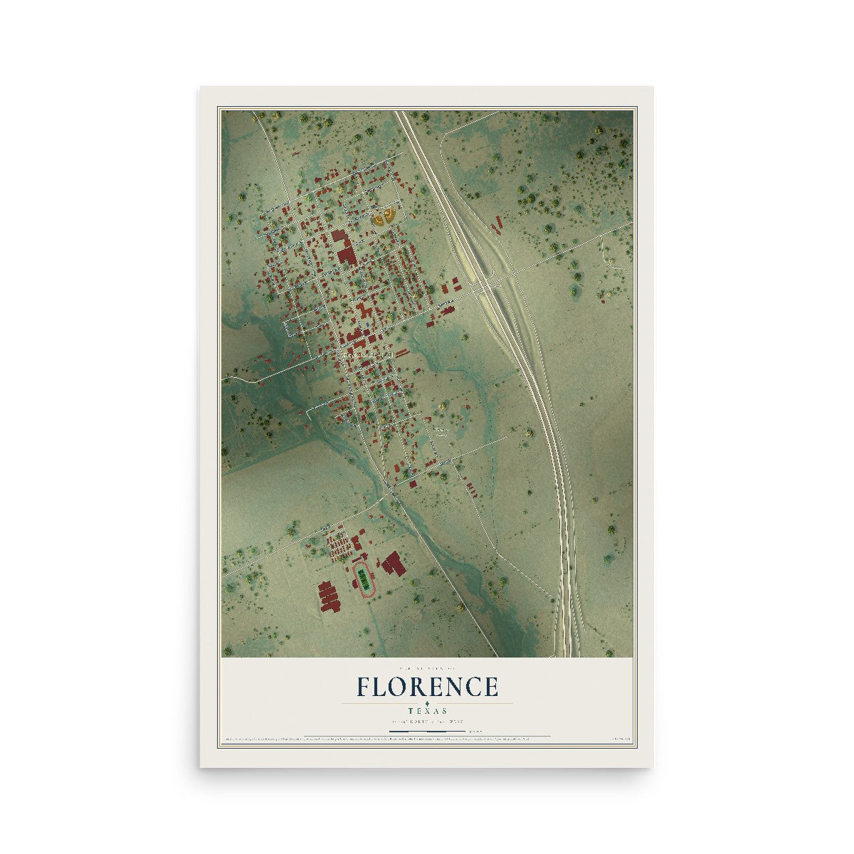 Map of Florence, Texas, 12 x 18 inch unframed archival matte print