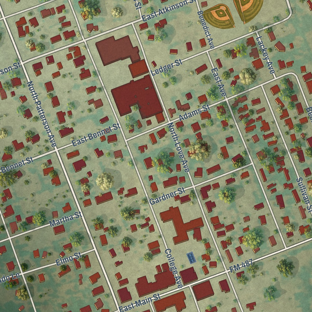 Close-up of the map of Florence, Texas print showing street and building detail