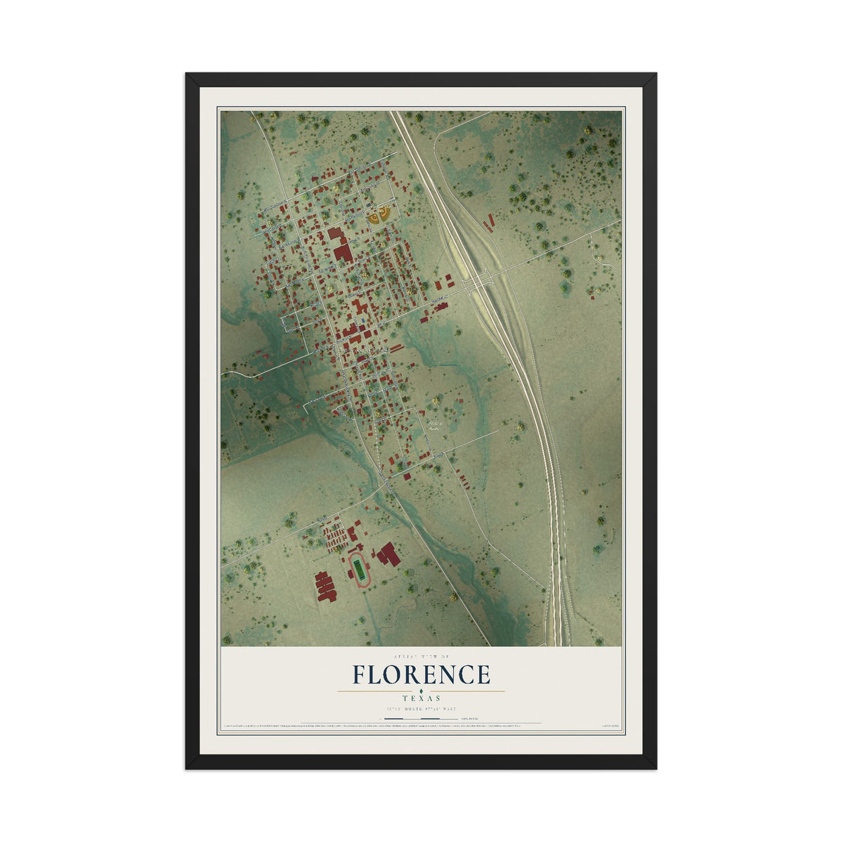 Map of Florence, Texas, 12 x 18 inch print in a black wood frame