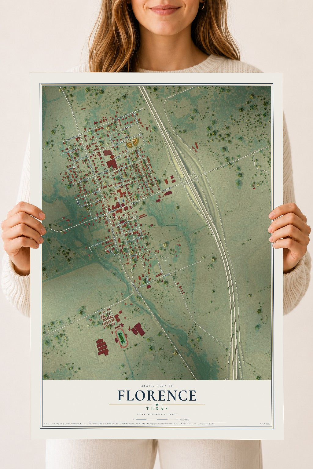 Map of Florence, Texas, 18 x 24 inch unframed archival matte print