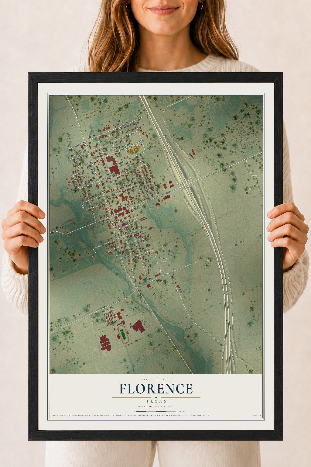 Map of Florence, Texas, 18 x 24 inch print in a black wood frame