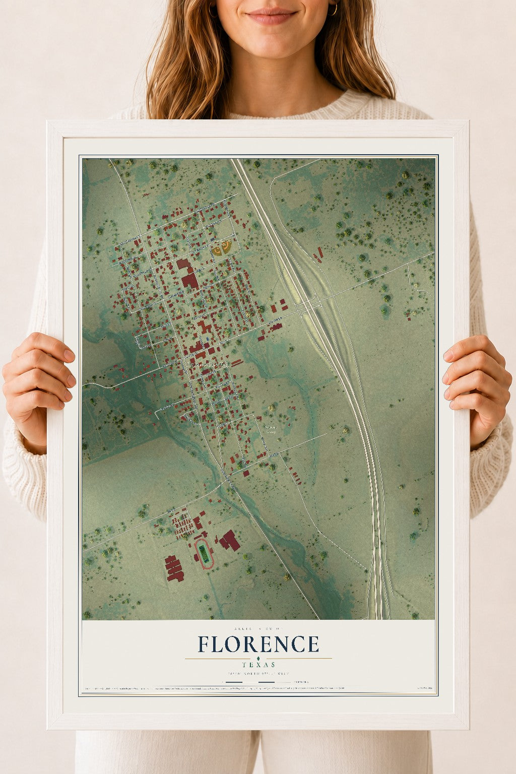 Map of Florence, Texas, 18 x 24 inch print in a white wood frame