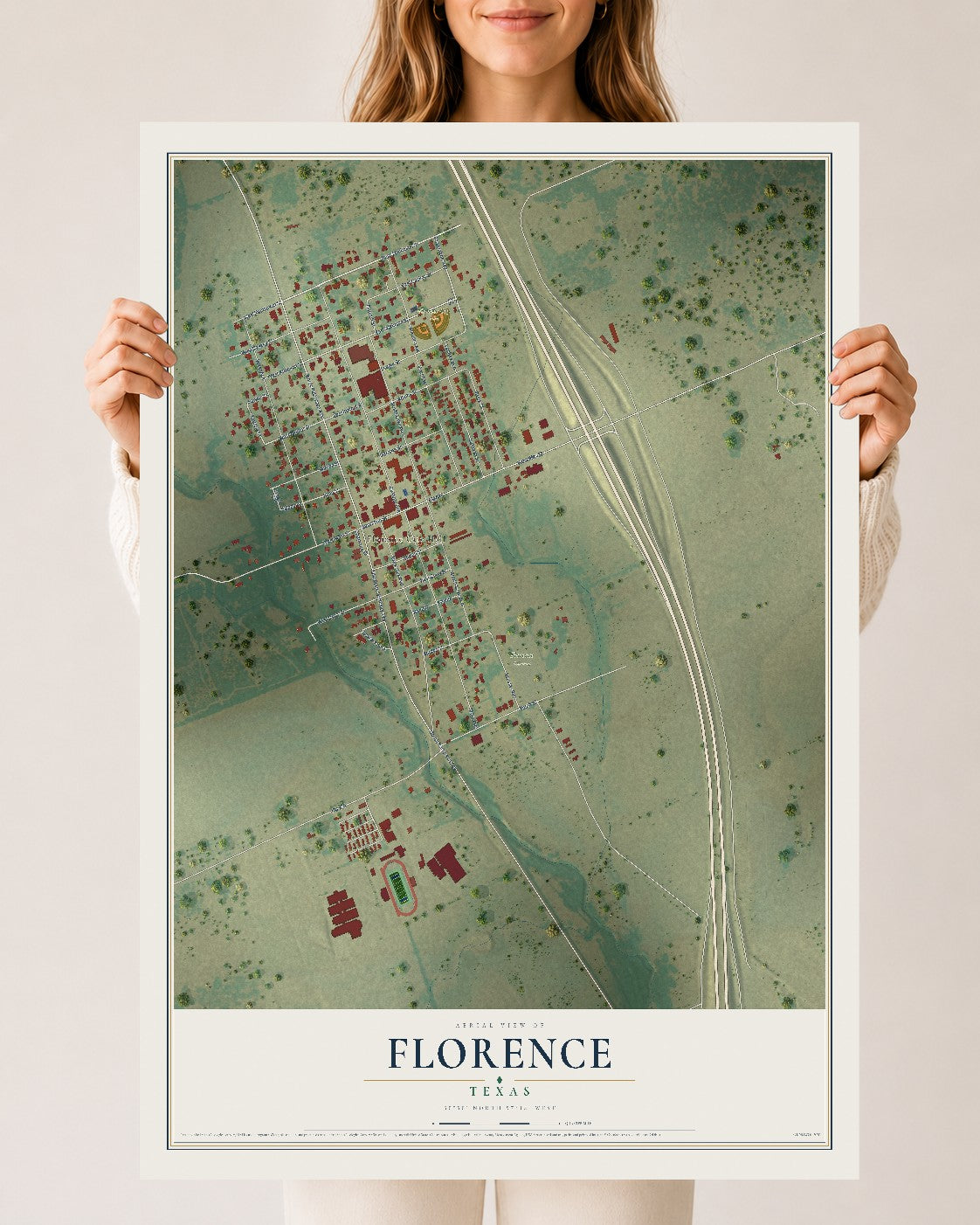 Map of Florence, Texas, 24 x 36 inch unframed archival matte print