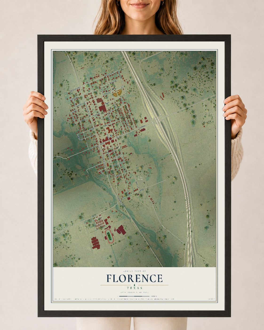 Map of Florence, Texas, 24 x 36 inch print in a black wood frame