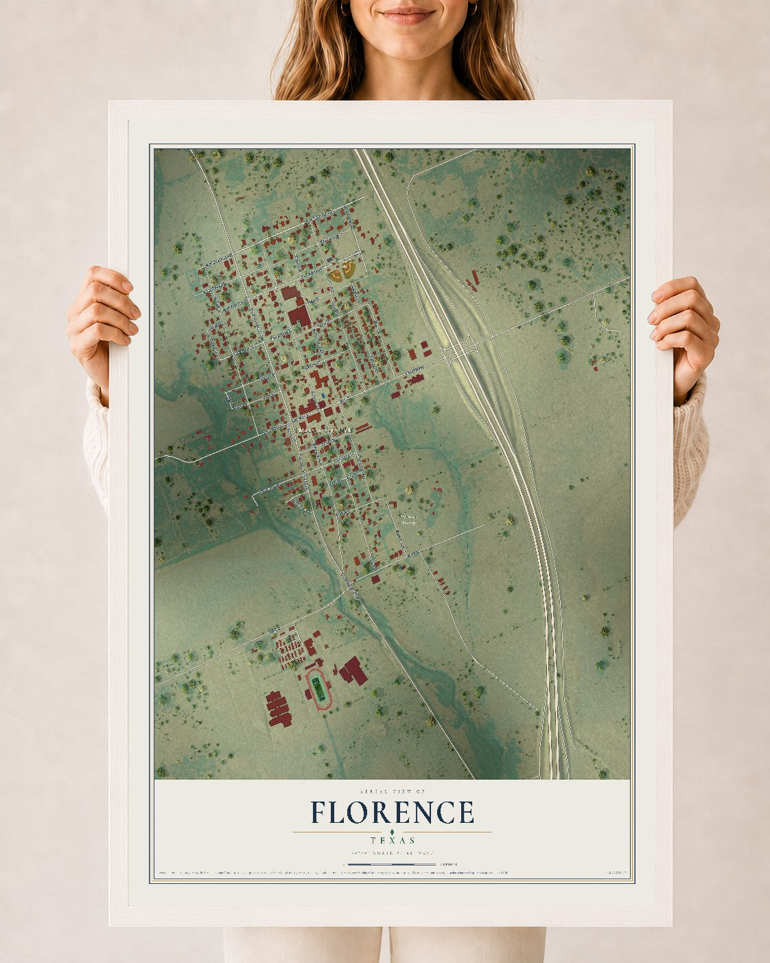 Map of Florence, Texas, 24 x 36 inch print in a white wood frame