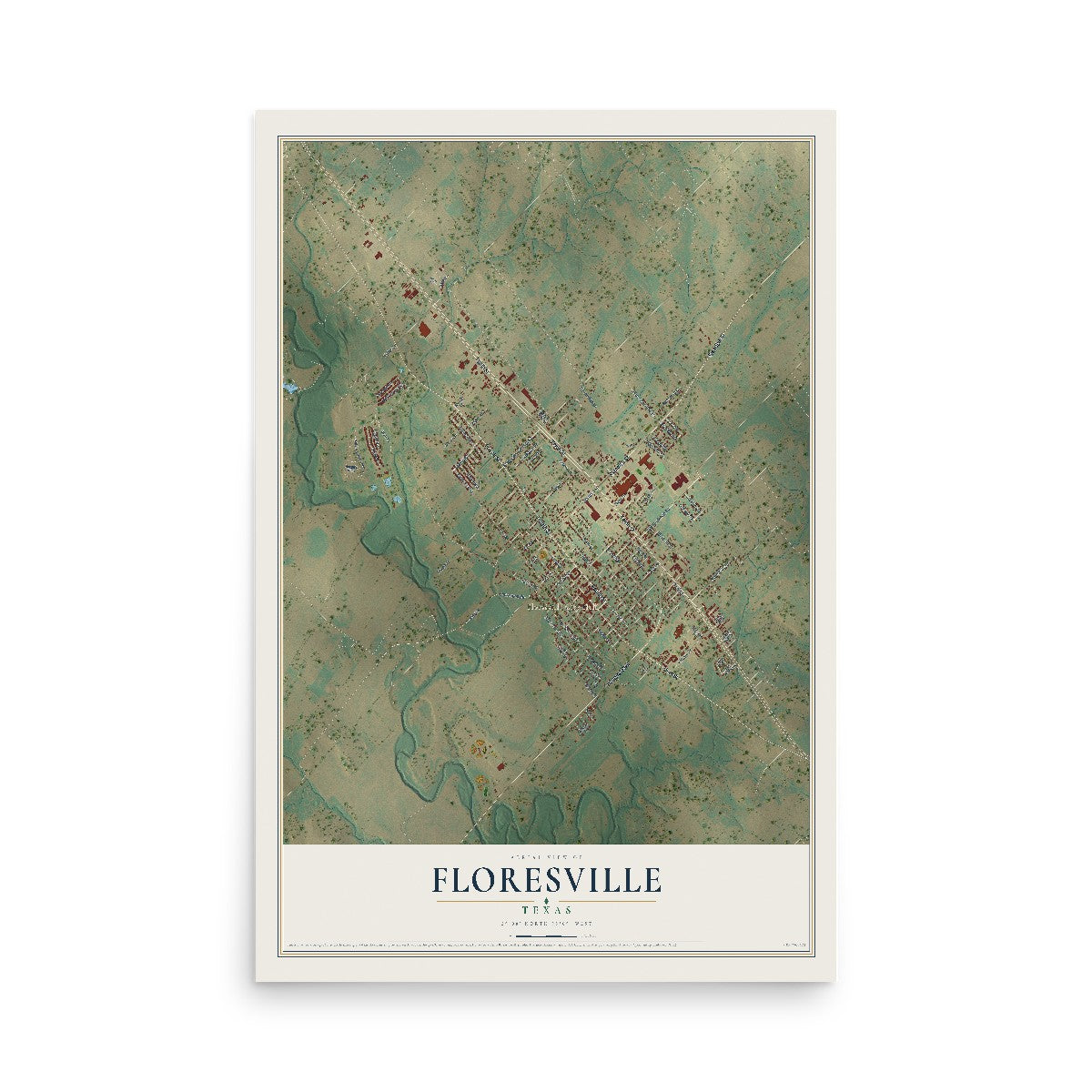 Map of Floresville, Texas, 12 x 18 inch unframed archival matte print