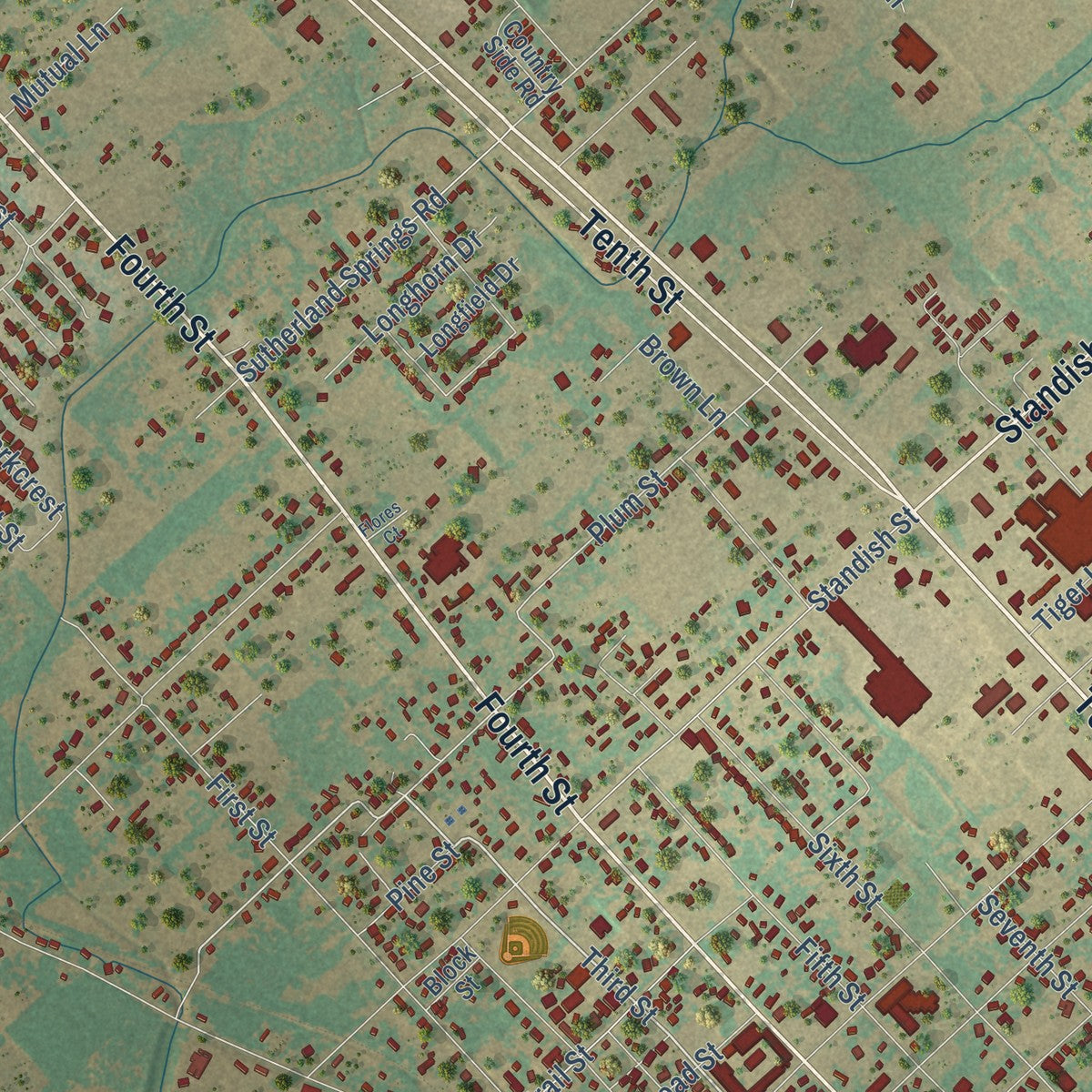 Close-up of the map of Floresville, Texas print showing street and building detail